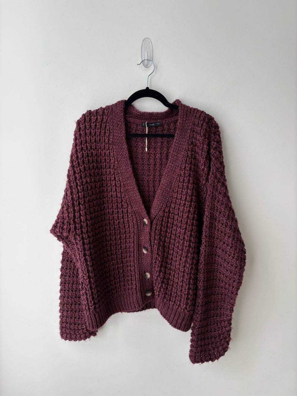 Mango Chunky Knit Cardigan Oversized Burgundy Plum Button Front Cozy Sweater L